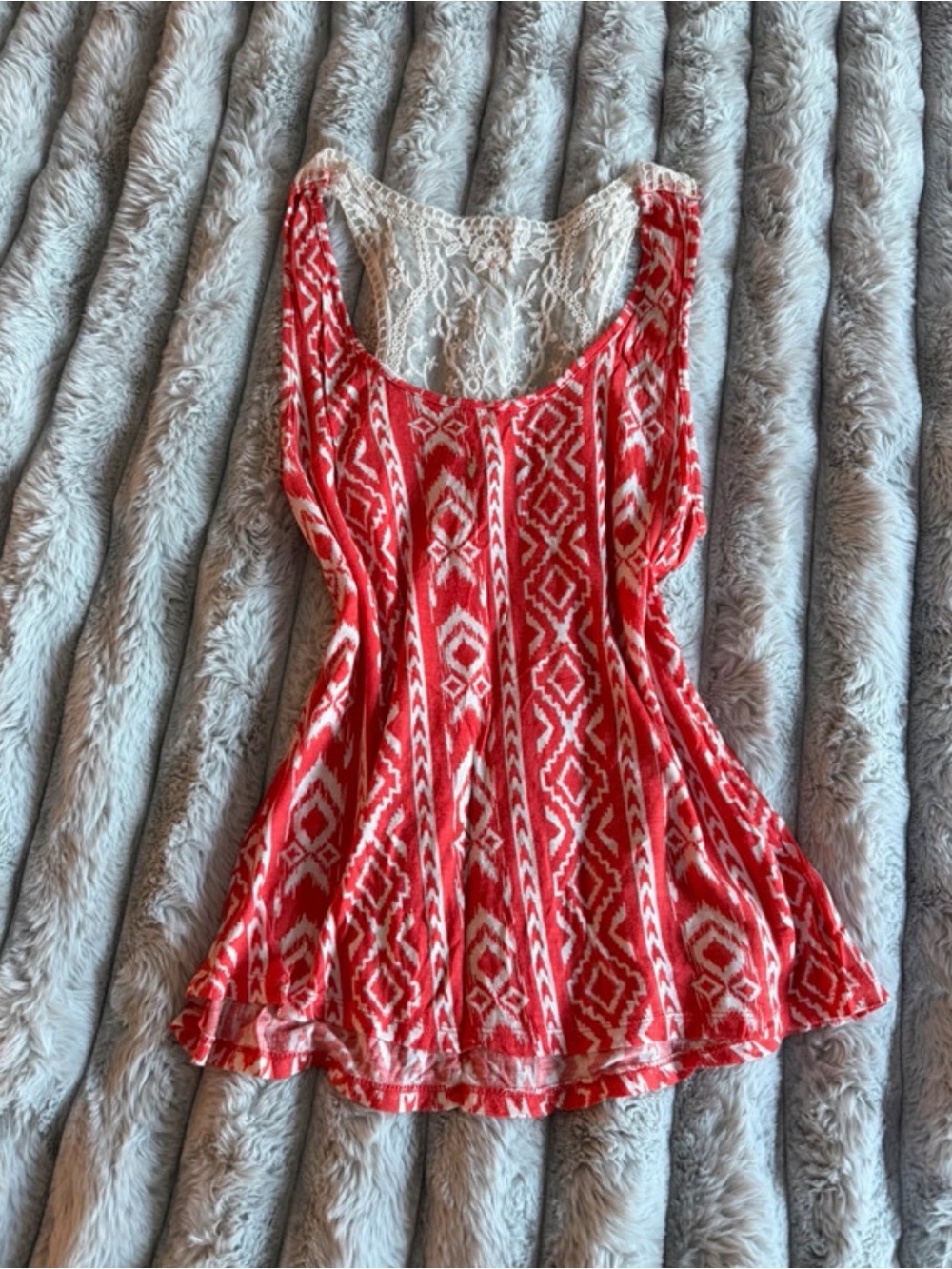 Rue21 Red Patterned Tank with Cream Lace Back
